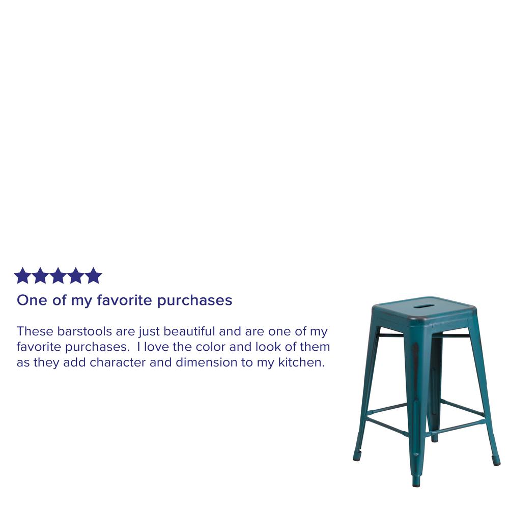 Commercial Grade 24" High Backless Distressed Kelly Blue-Teal Metal Indoor-Outdoor Counter Height Stool. Picture 7