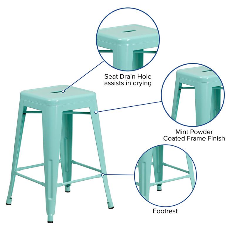Commercial Grade 24" High Backless Mint Green Indoor-Outdoor Counter Height Stool. Picture 5