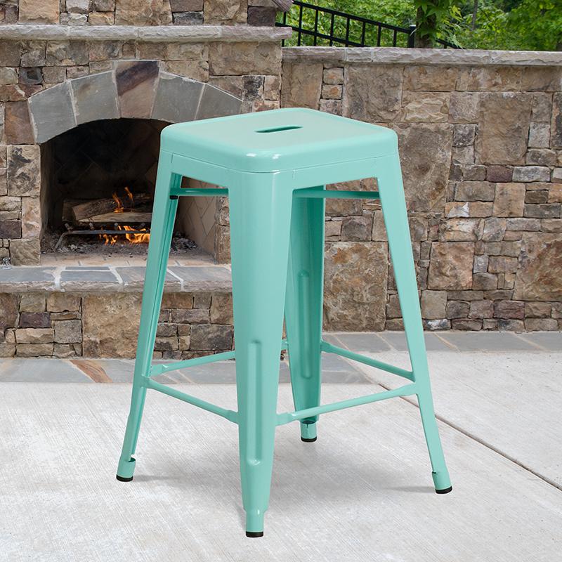 Commercial Grade 24" High Backless Mint Green Indoor-Outdoor Counter Height Stool. The main picture.