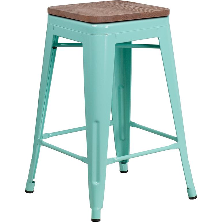24" High Backless Mint Green Counter Height Stool with Square Wood Seat. Picture 2