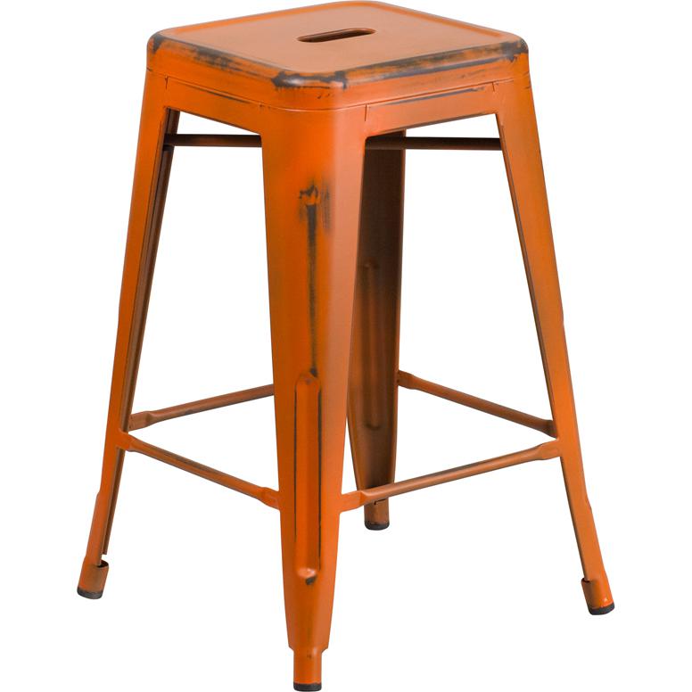 Commercial Grade 24" High Backless Distressed Orange Metal Indoor-Outdoor Counter Height Stool. Picture 2