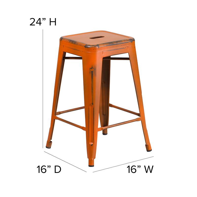 Commercial Grade 24" High Backless Distressed Orange Metal Indoor-Outdoor Counter Height Stool. Picture 6