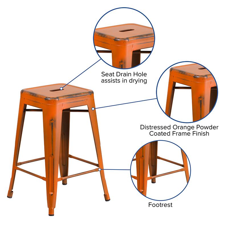 Commercial Grade 24" High Backless Distressed Orange Metal Indoor-Outdoor Counter Height Stool. Picture 5