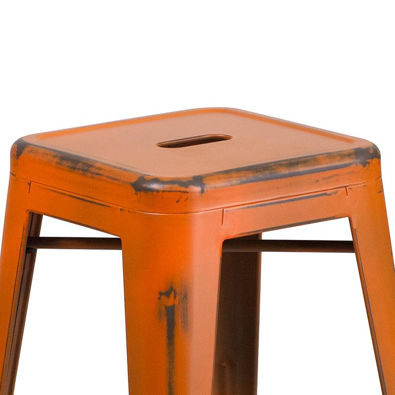Commercial Grade 24" High Backless Distressed Orange Metal Indoor-Outdoor Counter Height Stool. Picture 7