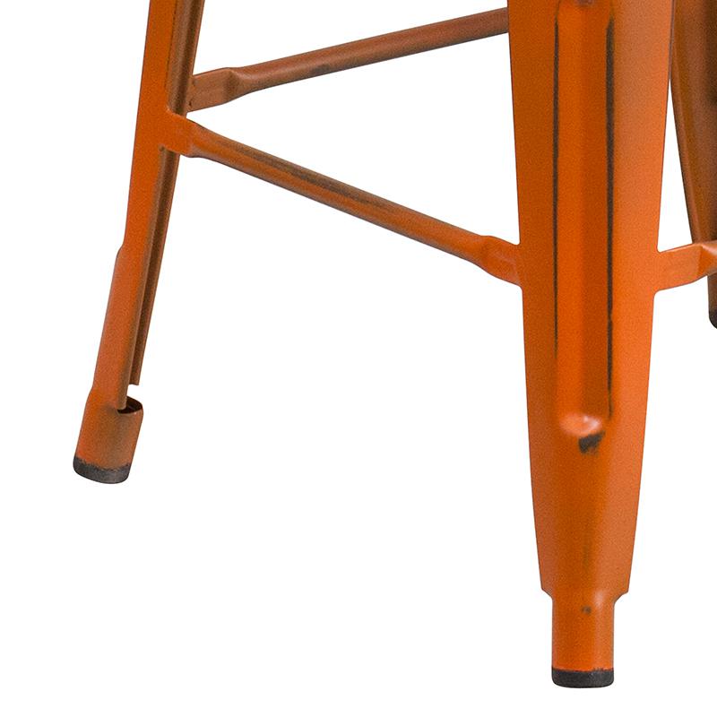 Commercial Grade 24" High Backless Distressed Orange Metal Indoor-Outdoor Counter Height Stool. Picture 8