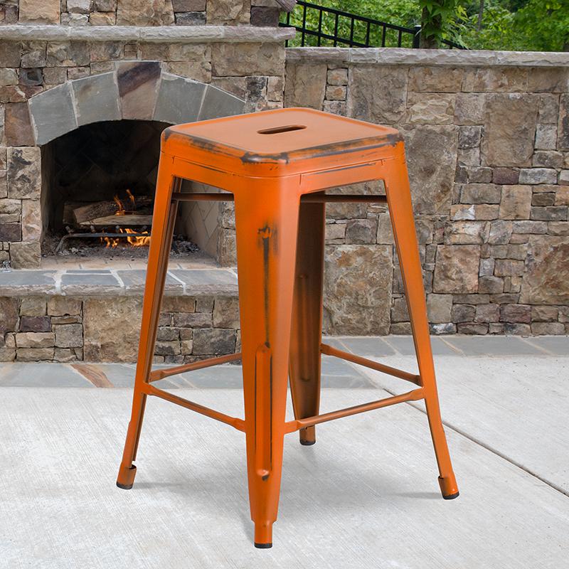 Commercial Grade 24" High Backless Distressed Orange Metal Indoor-Outdoor Counter Height Stool. The main picture.