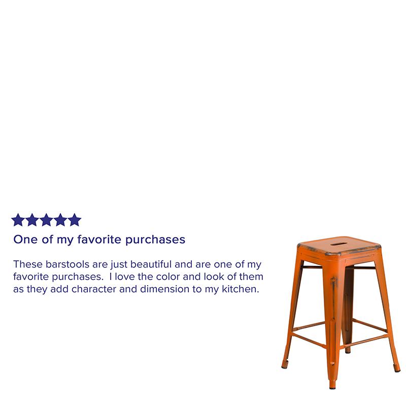 Commercial Grade 24" High Backless Distressed Orange Metal Indoor-Outdoor Counter Height Stool. Picture 4
