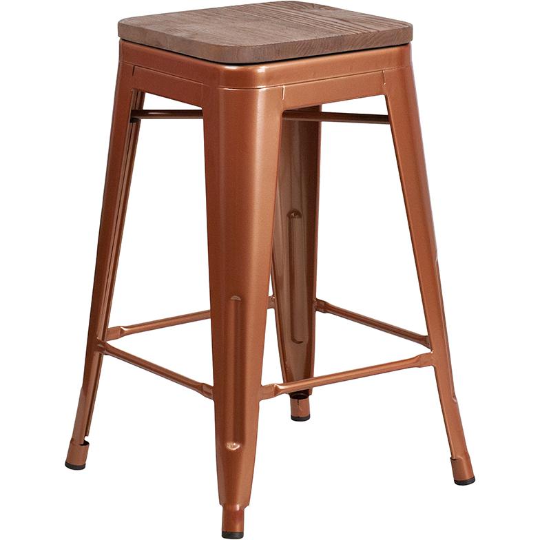 24" High Backless Copper Counter Height Stool with Square Wood Seat. Picture 1