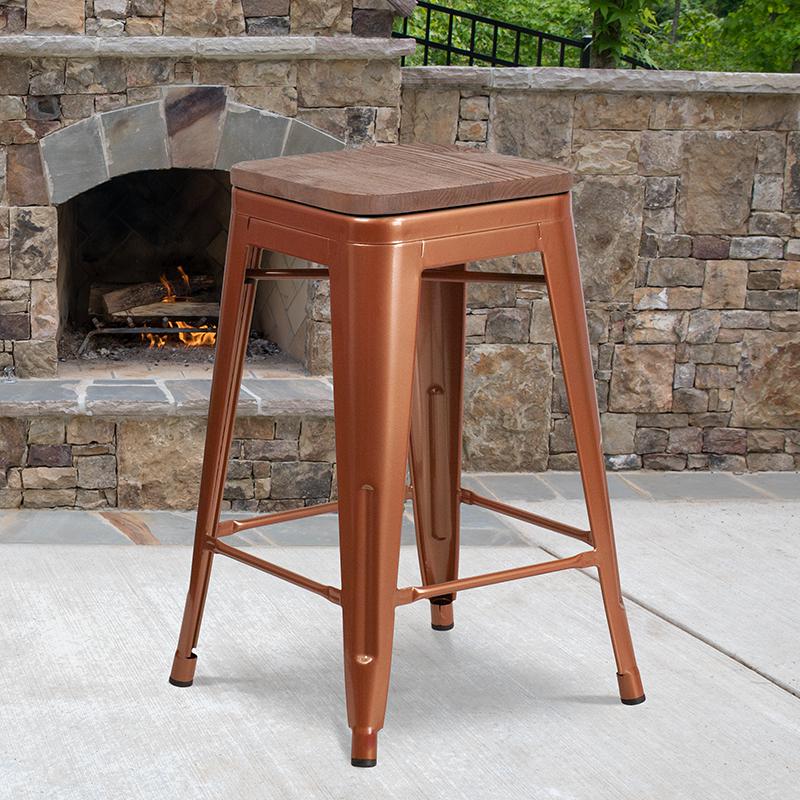 24" High Backless Copper Counter Height Stool with Square Wood Seat. Picture 1