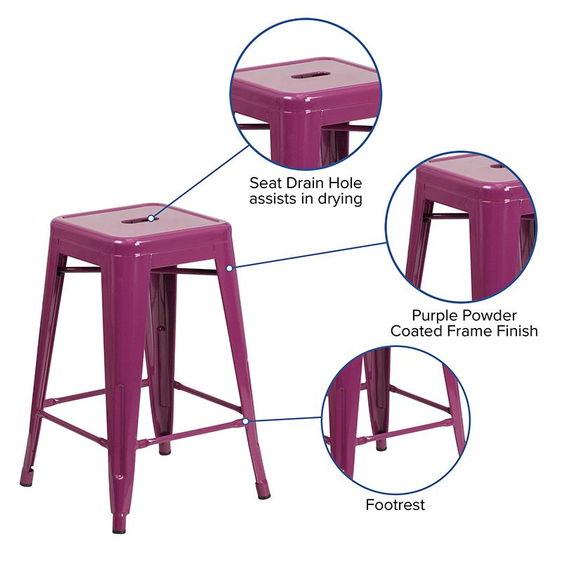 Commercial Grade 24" High Backless Purple Indoor-Outdoor Counter Height Stool. Picture 5