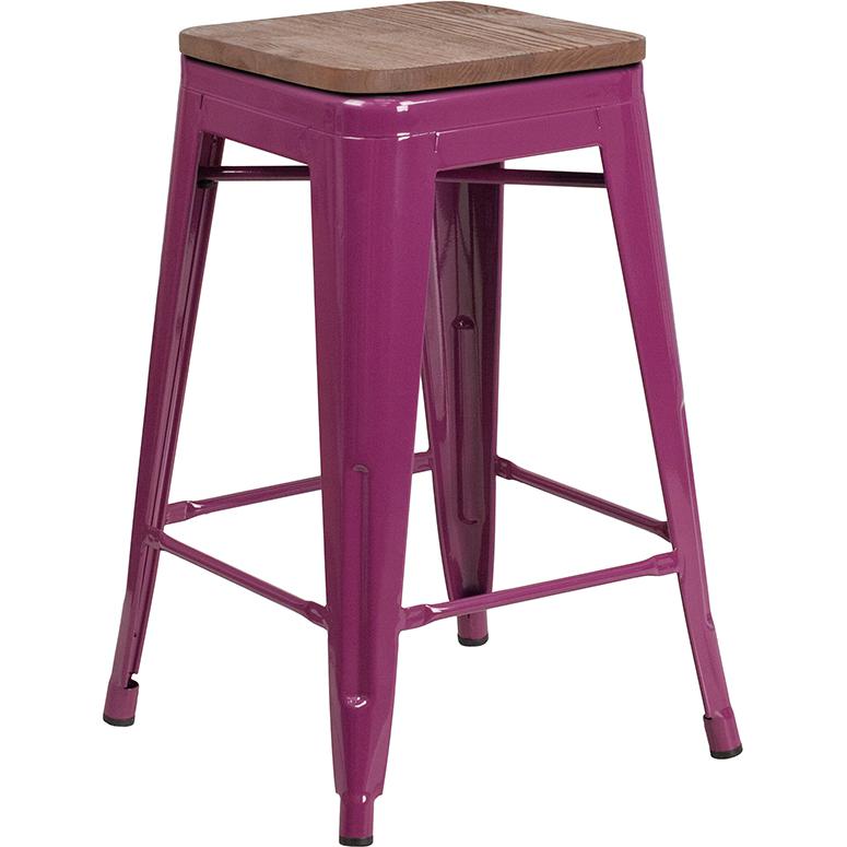 24" High Backless Purple Counter Height Stool with Square Wood Seat. Picture 2