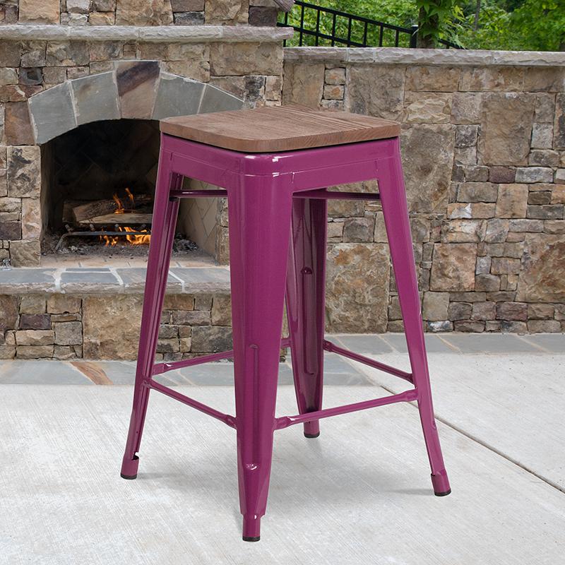 24" High Backless Purple Counter Height Stool with Square Wood Seat. Picture 1