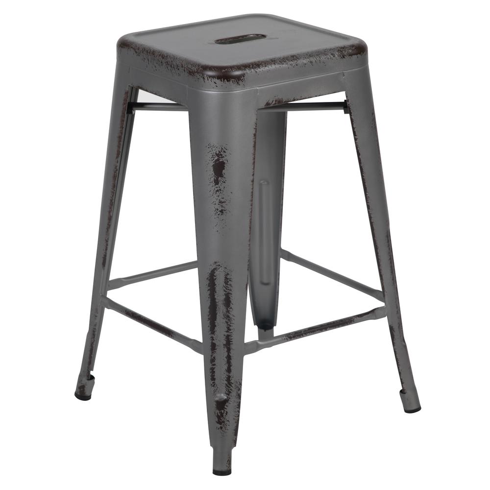 Commercial Grade 24" High Backless Distressed Silver Gray Metal Indoor-Outdoor Counter Height Stool. Picture 1