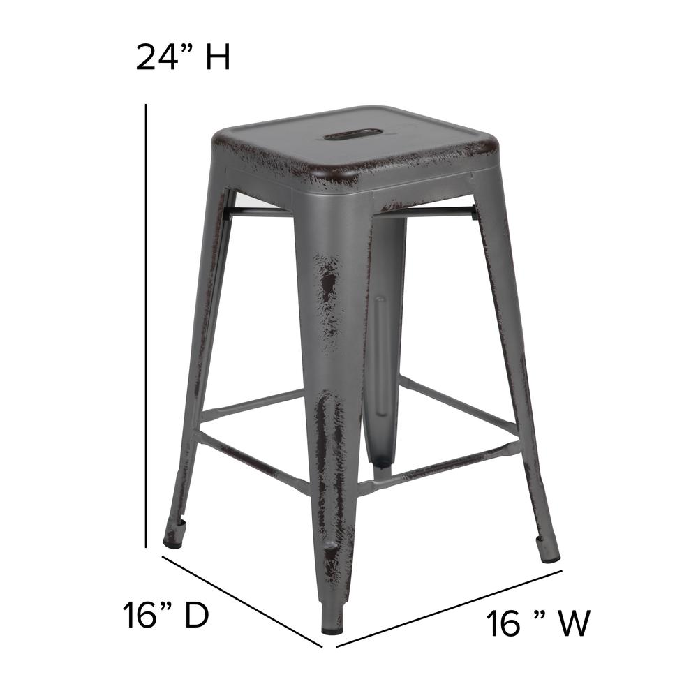 Commercial Grade 24" High Backless Distressed Silver Gray Metal Indoor-Outdoor Counter Height Stool. Picture 2