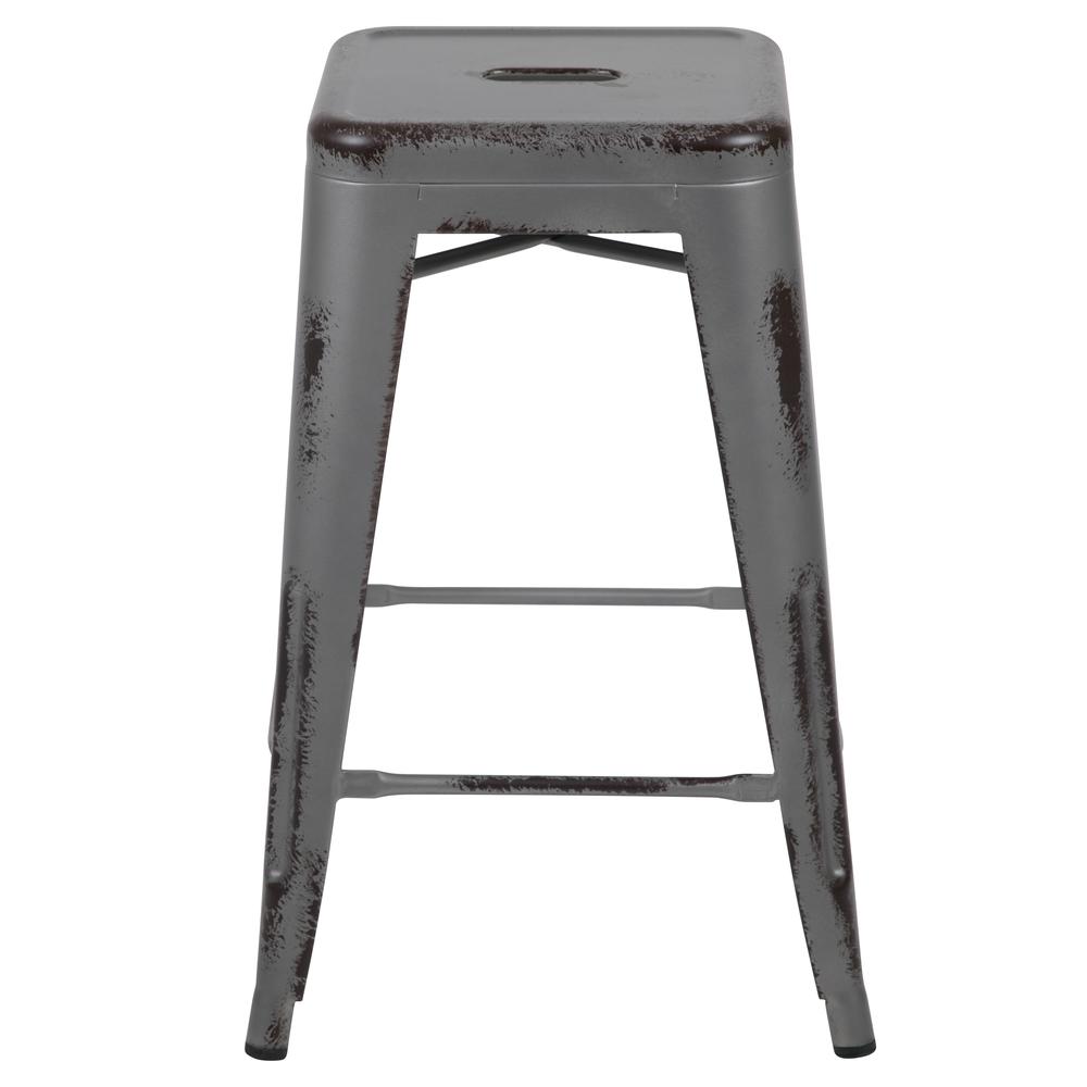 Commercial Grade 24" High Backless Distressed Silver Gray Metal Indoor-Outdoor Counter Height Stool. Picture 3