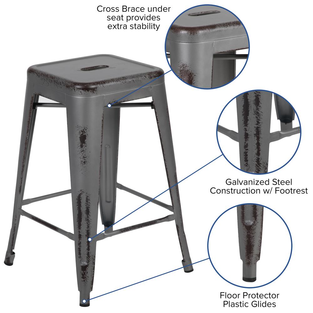 Commercial Grade 24" High Backless Distressed Silver Gray Metal Indoor-Outdoor Counter Height Stool. Picture 4