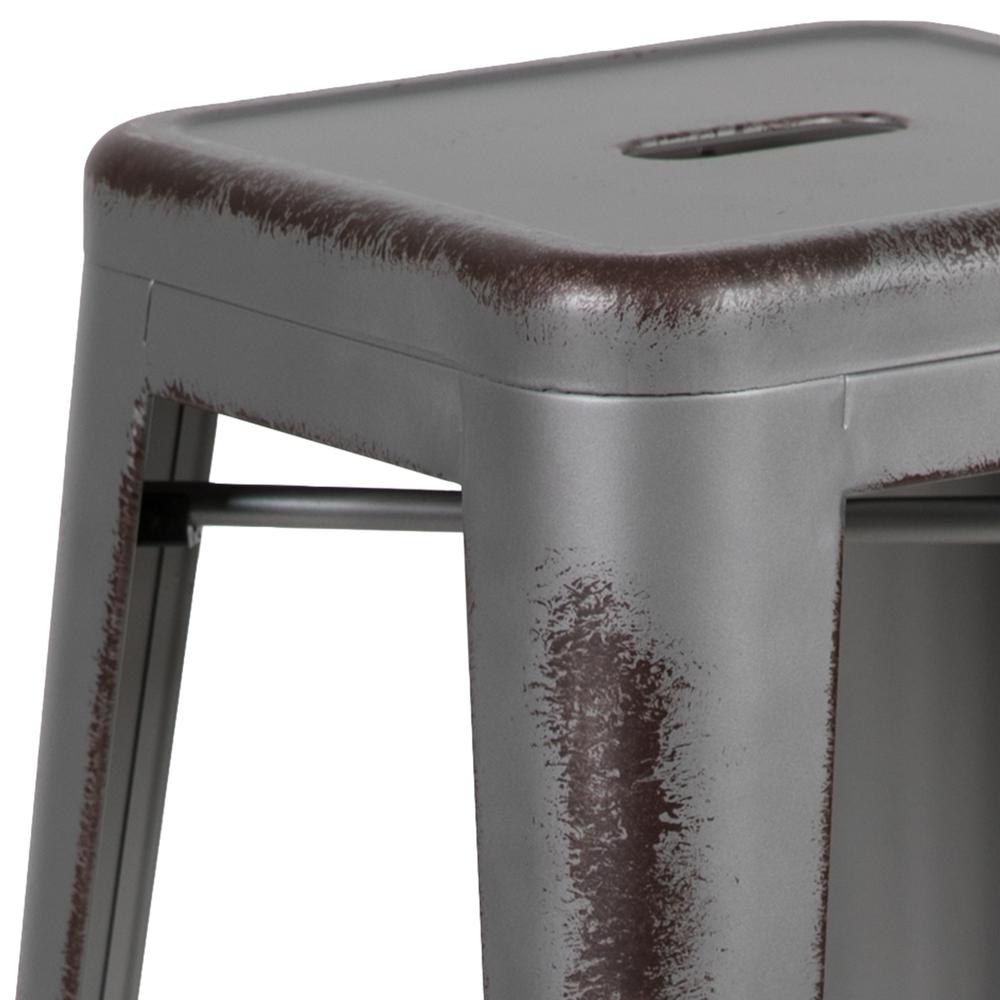 Commercial Grade 24" High Backless Distressed Silver Gray Metal Indoor-Outdoor Counter Height Stool. Picture 5