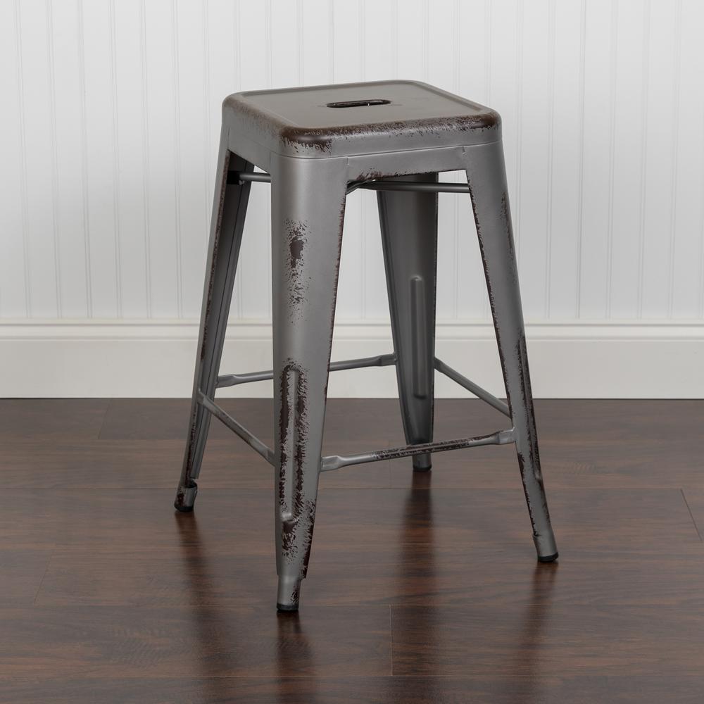 Commercial Grade 24" High Backless Distressed Silver Gray Metal Indoor-Outdoor Counter Height Stool. Picture 9