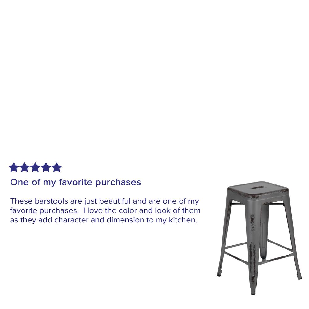 Commercial Grade 24" High Backless Distressed Silver Gray Metal Indoor-Outdoor Counter Height Stool. Picture 10