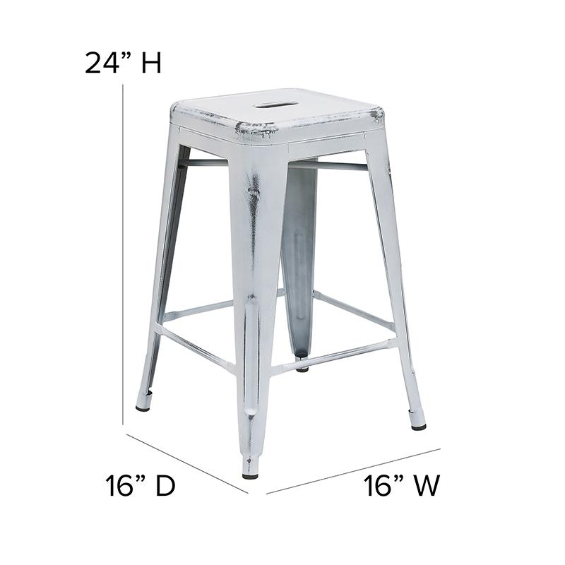 24" High Backless Distressed White Metal Indoor-Outdoor Counter Height Stool. Picture 6