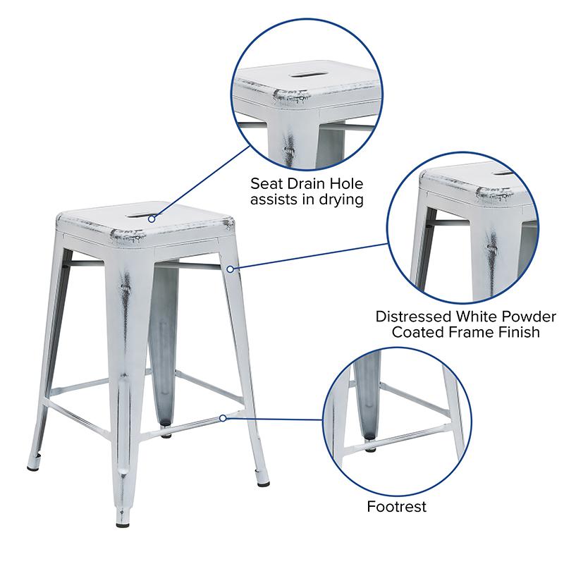 Commercial Grade 24" High Backless Distressed White Metal Indoor-Outdoor Counter Height Stool. Picture 3