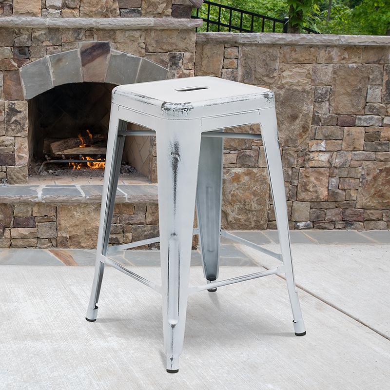 24" High Backless Distressed White Metal Indoor-Outdoor Counter Height Stool. Picture 1