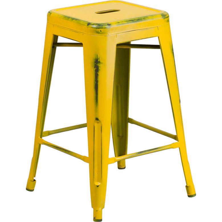 Commercial Grade 24" High Backless Distressed Yellow Metal Indoor-Outdoor Counter Height Stool. The main picture.