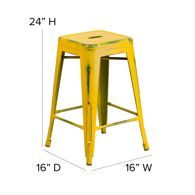 Commercial Grade 24" High Backless Distressed Yellow Metal Indoor-Outdoor Counter Height Stool. Picture 2