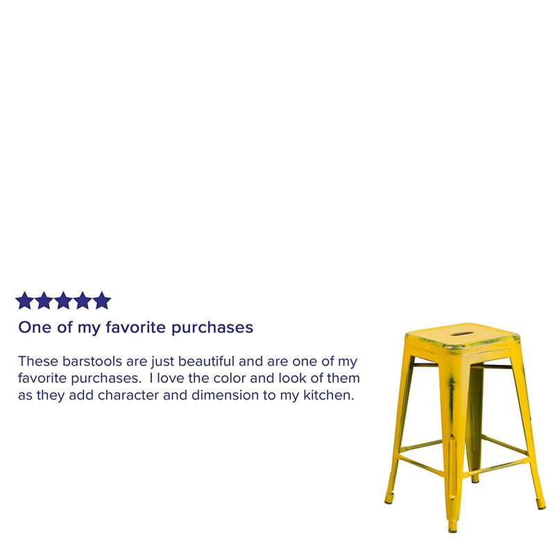 Commercial Grade 24" High Backless Distressed Yellow Metal Indoor-Outdoor Counter Height Stool. Picture 3