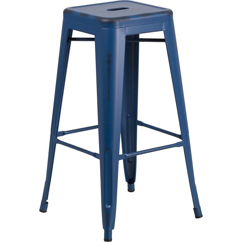 Commercial Grade 30" High Backless Distressed Antique Blue Metal Indoor-Outdoor Barstool. Picture 2