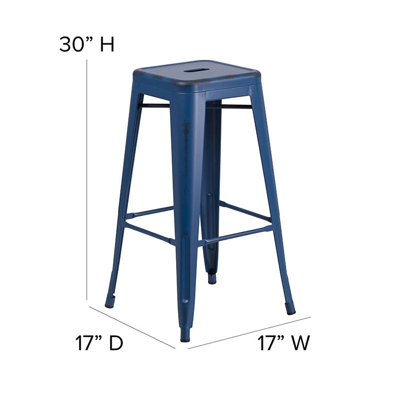 Commercial Grade 30" High Backless Distressed Antique Blue Metal Indoor-Outdoor Barstool. Picture 2