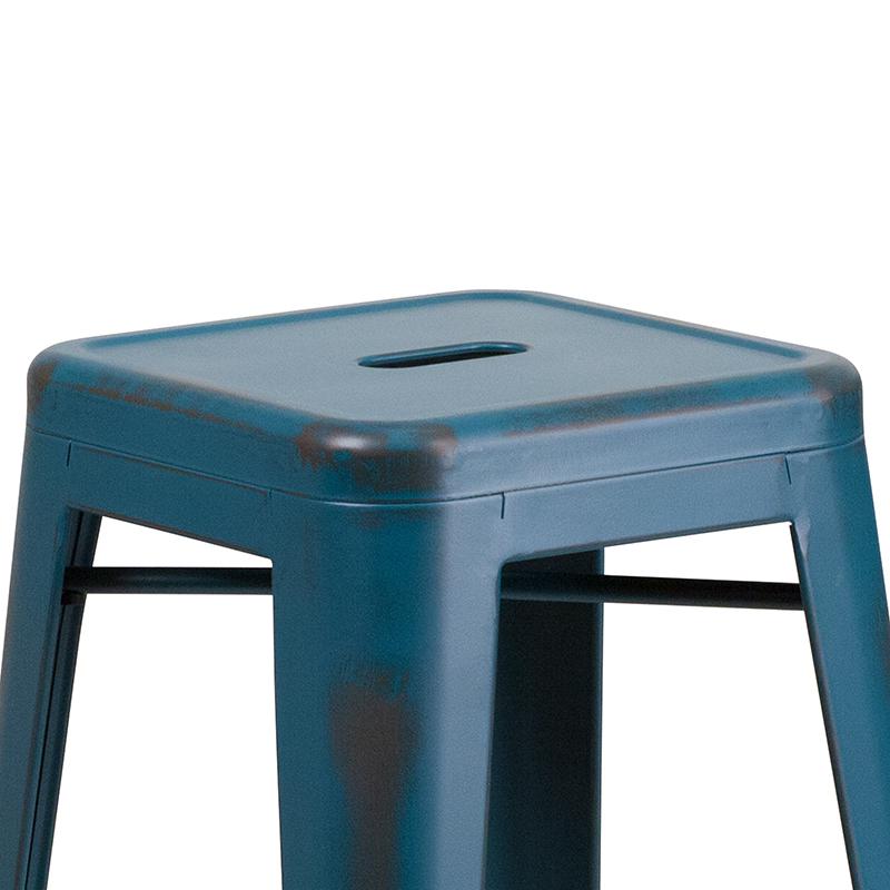Commercial Grade 30" High Backless Distressed Antique Blue Metal Indoor-Outdoor Barstool. Picture 8