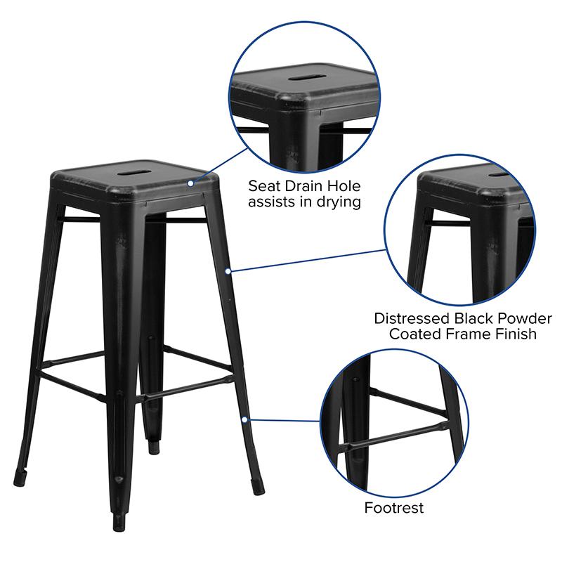 30" High Backless Distressed Black Metal Indoor-Outdoor Barstool. Picture 5