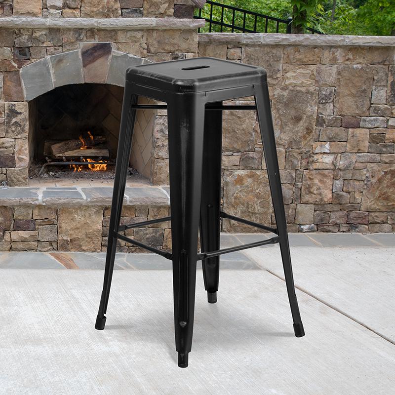 30" High Backless Distressed Black Metal Indoor-Outdoor Barstool. Picture 1