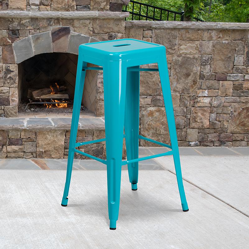 Commercial Grade 30" High Backless Crystal Teal-Blue Indoor-Outdoor Barstool. Picture 2