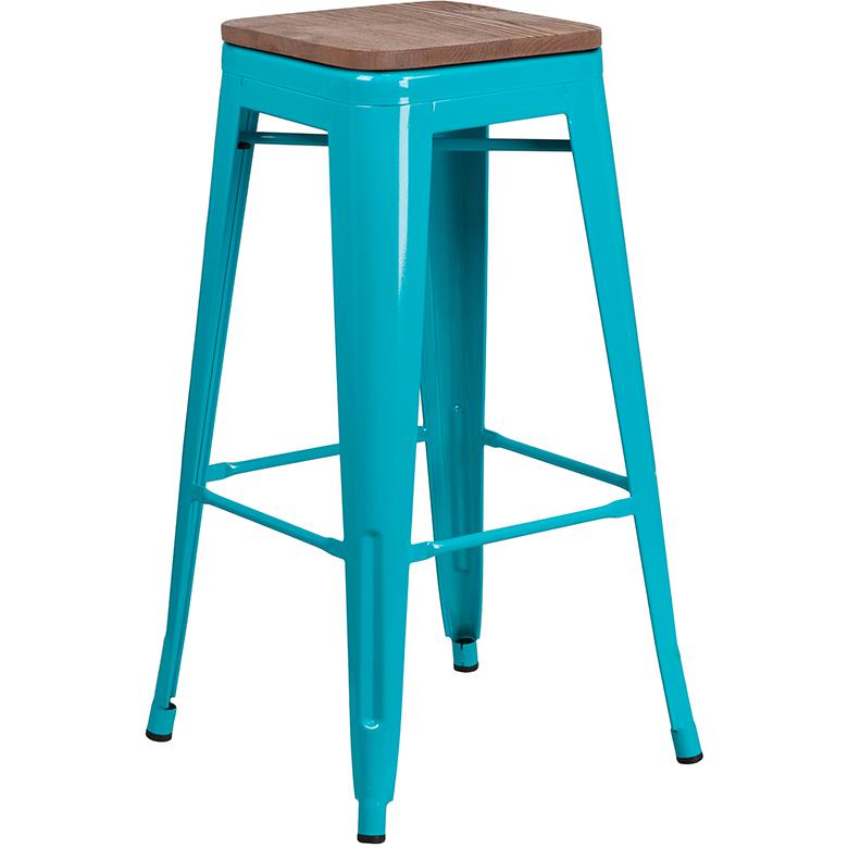 30" High Backless Crystal Teal-Blue Barstool with Square Wood Seat. Picture 1