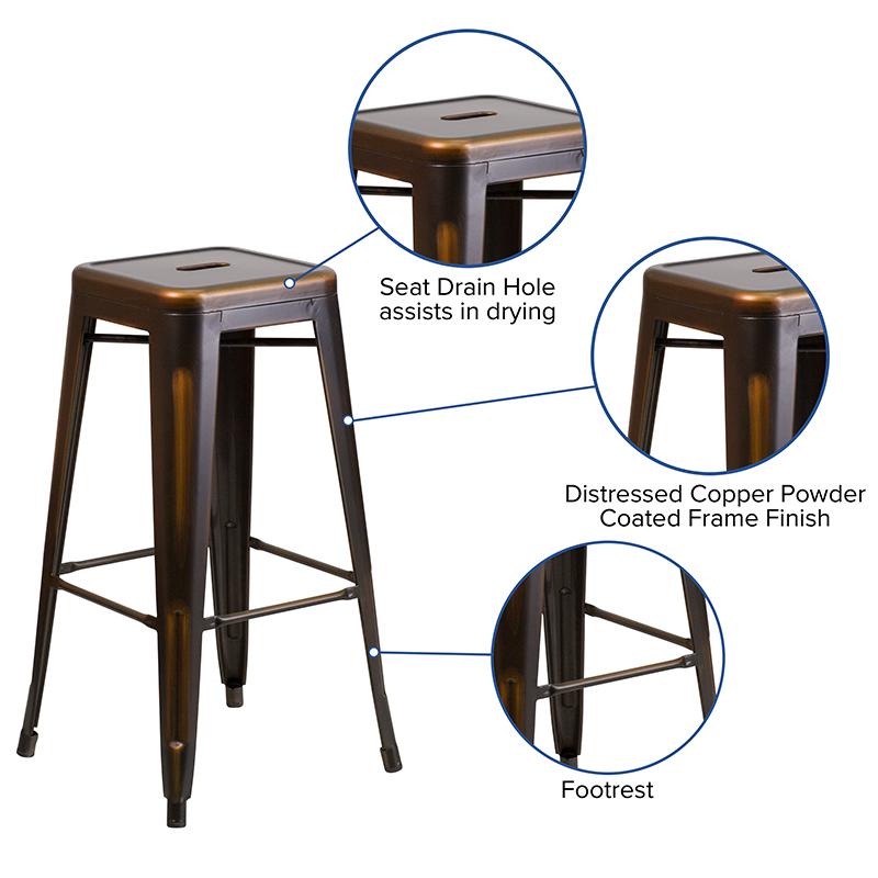 Commercial Grade 30" High Backless Distressed Copper Metal Indoor-Outdoor Barstool. Picture 5