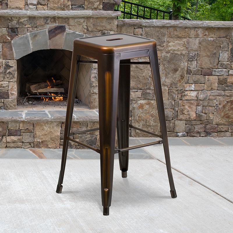 Commercial Grade 30" High Backless Distressed Copper Metal Indoor-Outdoor Barstool. Picture 1