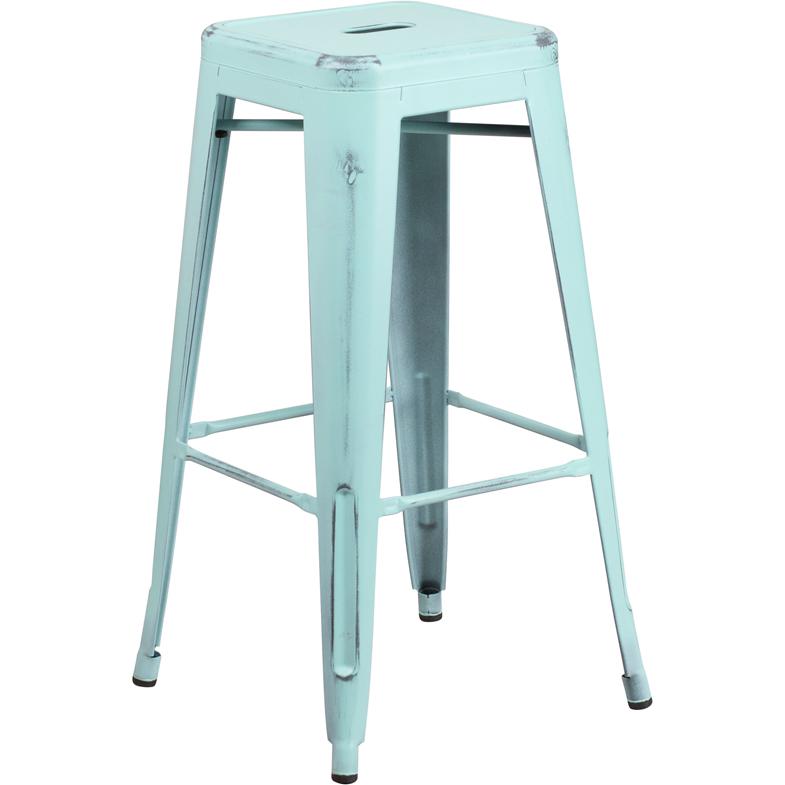 30" High Backless Distressed Green-Blue Metal Indoor-Outdoor Barstool. Picture 2