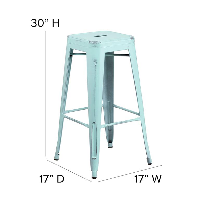 30" High Backless Distressed Green-Blue Metal Indoor-Outdoor Barstool. Picture 6