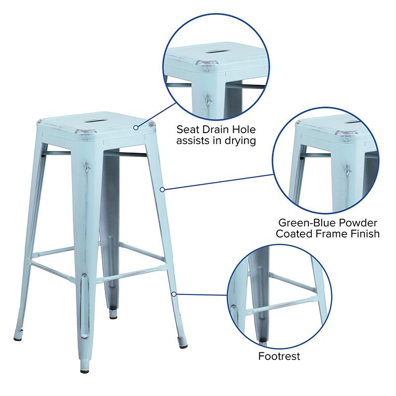 30" High Backless Distressed Green-Blue Metal Indoor-Outdoor Barstool. Picture 5