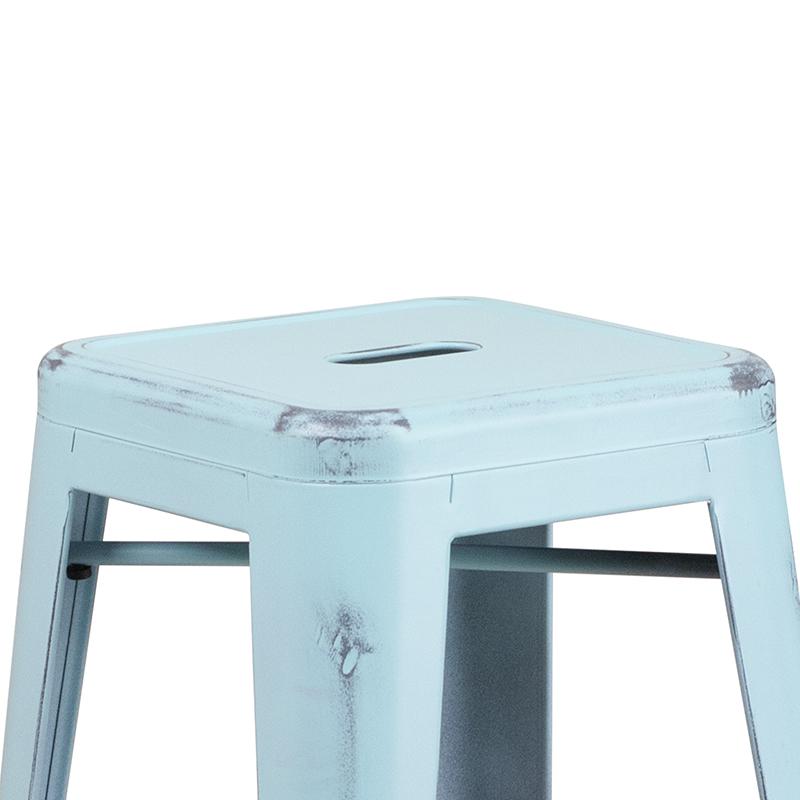 30" High Backless Distressed Green-Blue Metal Indoor-Outdoor Barstool. Picture 8