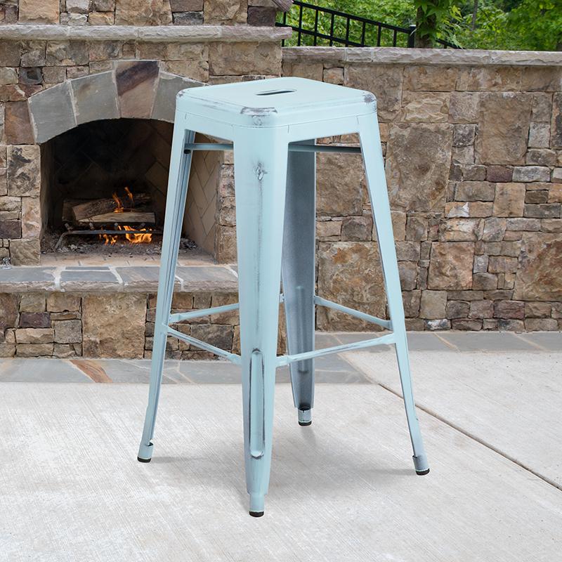 30" High Backless Distressed Green-Blue Metal Indoor-Outdoor Barstool. Picture 1