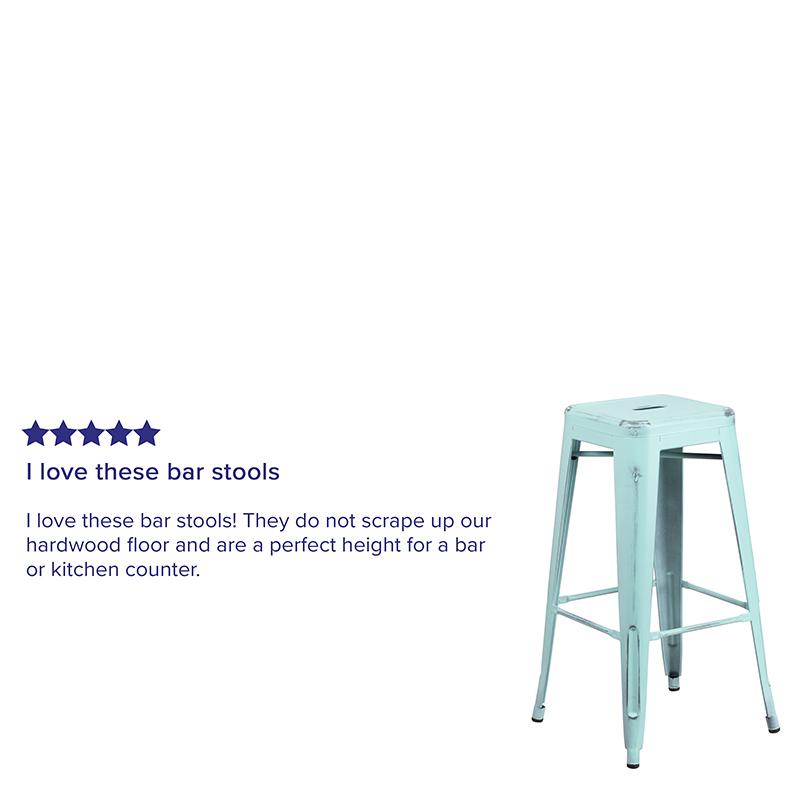 Commercial Grade 30" High Backless Distressed Green-Blue Metal Indoor-Outdoor Barstool. Picture 3