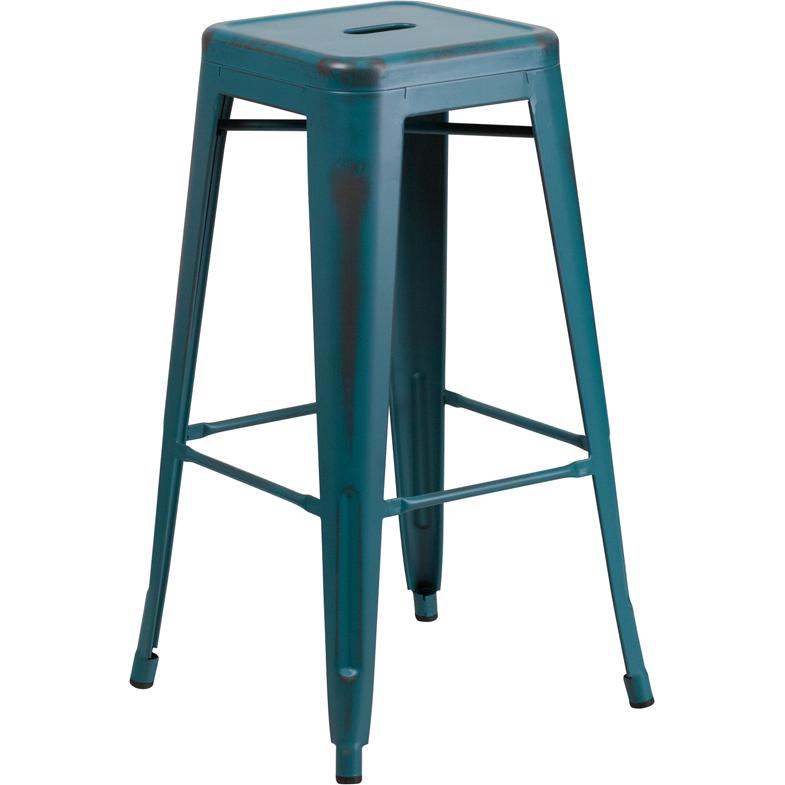 Commercial Grade 30" High Backless Distressed Kelly Blue-Teal Metal Indoor-Outdoor Barstool. The main picture.