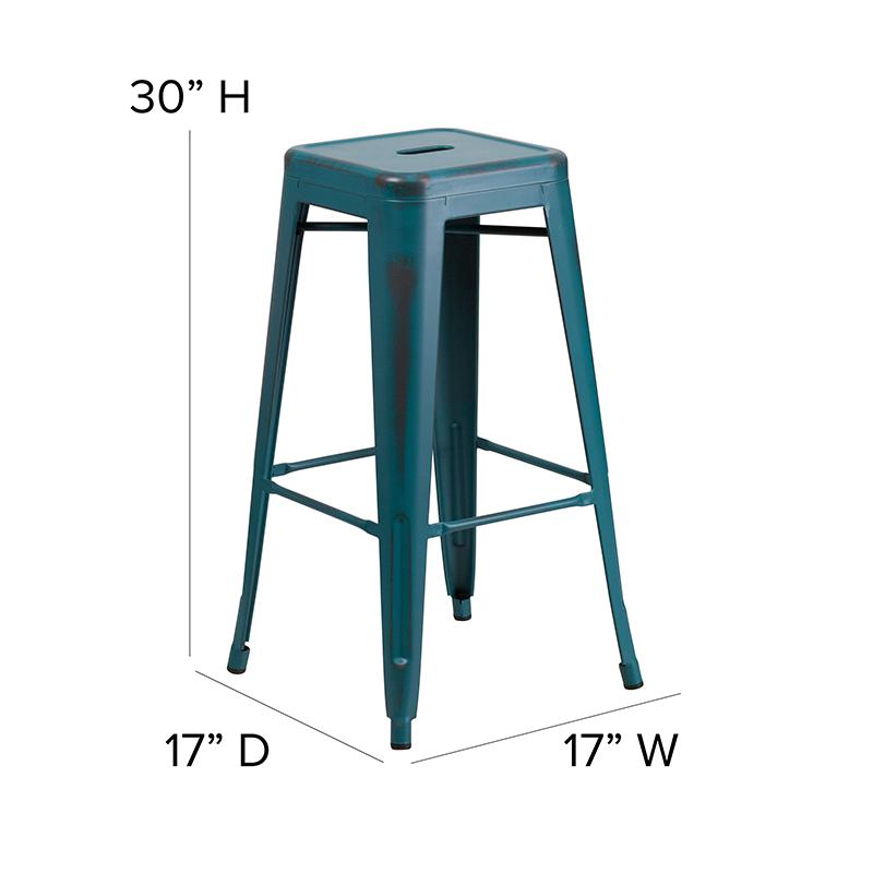 Commercial Grade 30" High Backless Distressed Kelly Blue-Teal Metal Indoor-Outdoor Barstool. Picture 2