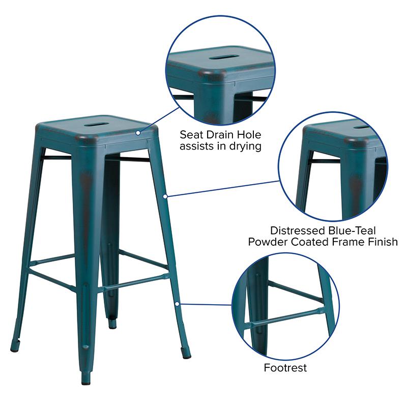 30" High Backless Distressed Kelly Blue-Teal Metal Indoor-Outdoor Barstool. Picture 5