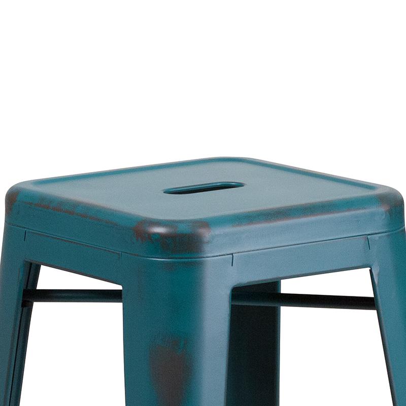 30" High Backless Distressed Kelly Blue-Teal Metal Indoor-Outdoor Barstool. Picture 7