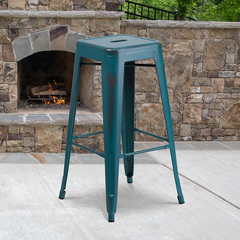 30" High Backless Distressed Kelly Blue-Teal Metal Indoor-Outdoor Barstool. Picture 1