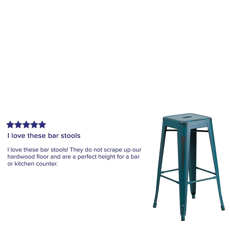 Commercial Grade 30" High Backless Distressed Kelly Blue-Teal Metal Indoor-Outdoor Barstool. Picture 3